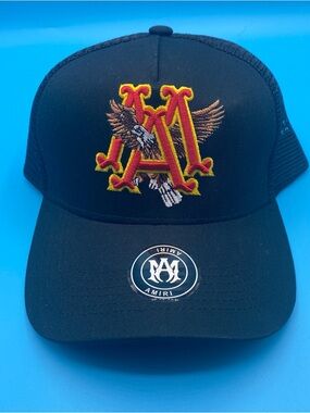 AMIRI Black Trucker Hat with Red and Yellow Embroidered 'A' Eagle Patch
